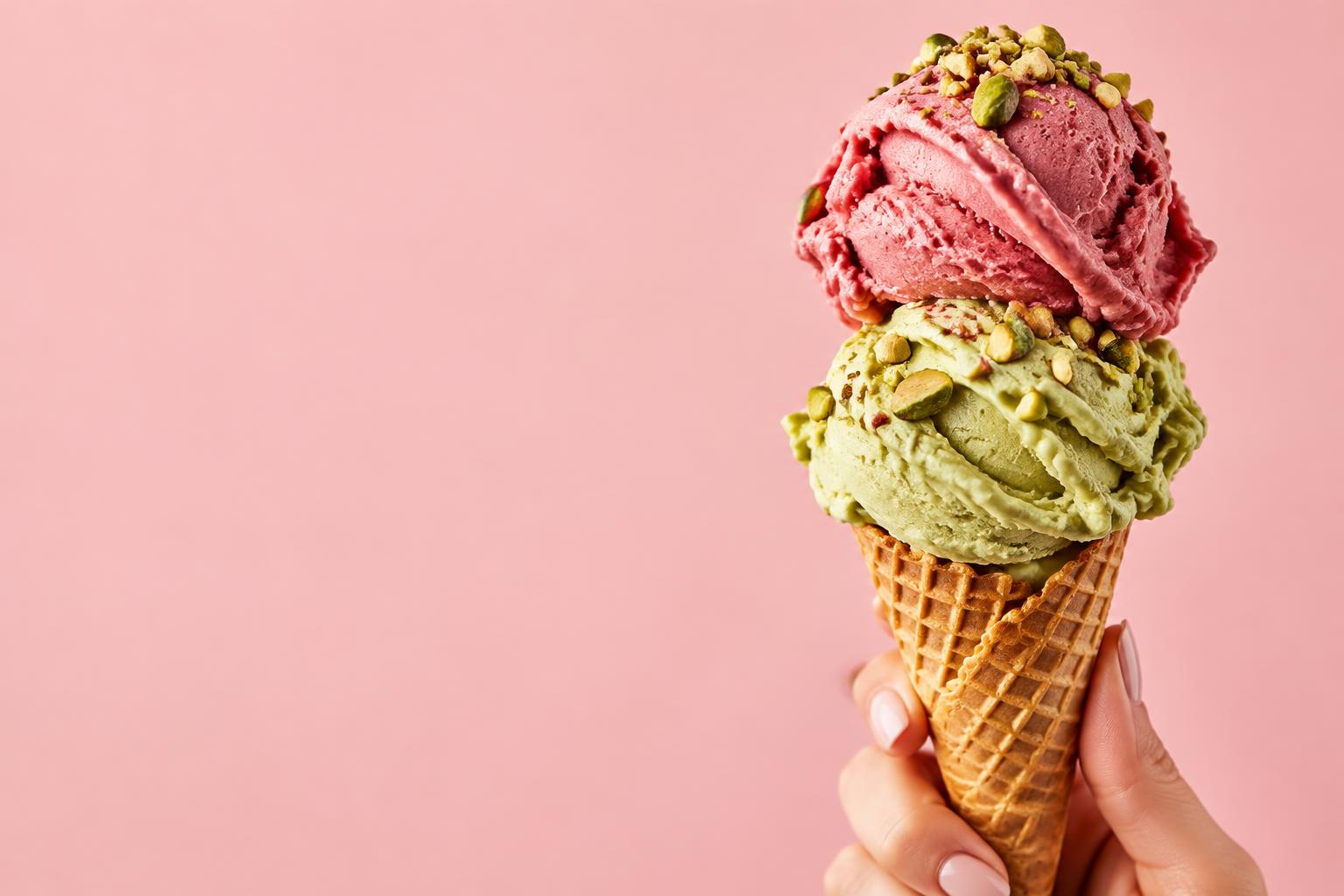 Cono artigianale con gelato al pistacchio e alla fragola